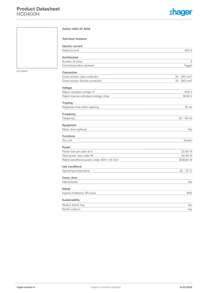 Image Hager Product data sheet HCD400H  | Hager