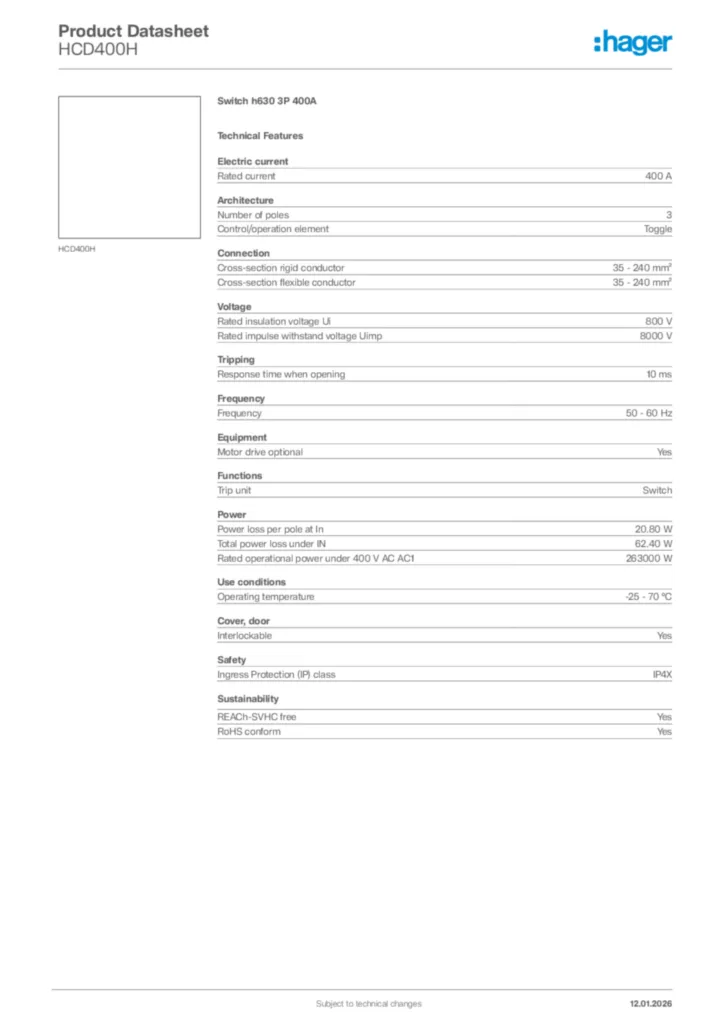 Image Hager Product data sheet HCD400H  | Hager