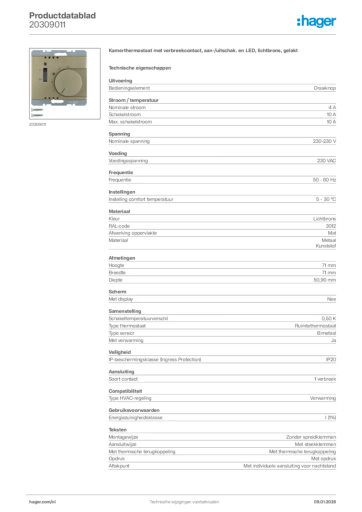 Afbeelding Hager Productdatablad 20309011 | Hager Nederland