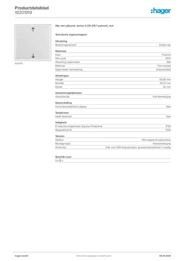 Afbeelding Hager Productdatablad 16201919 | Hager Nederland