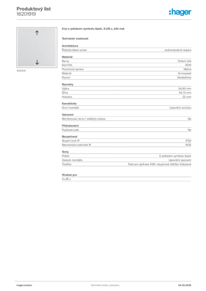 Obrázek Hager Product data sheet 16201919 | Hager