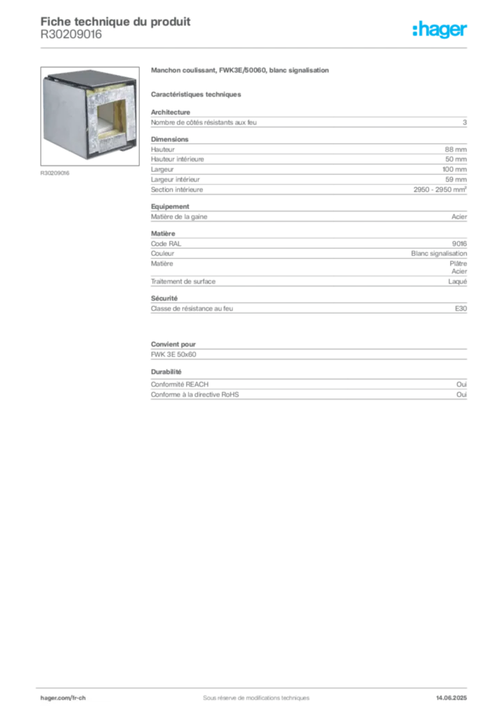 Image Hager Fiche technique du produit R30209016 | Hager Suisse