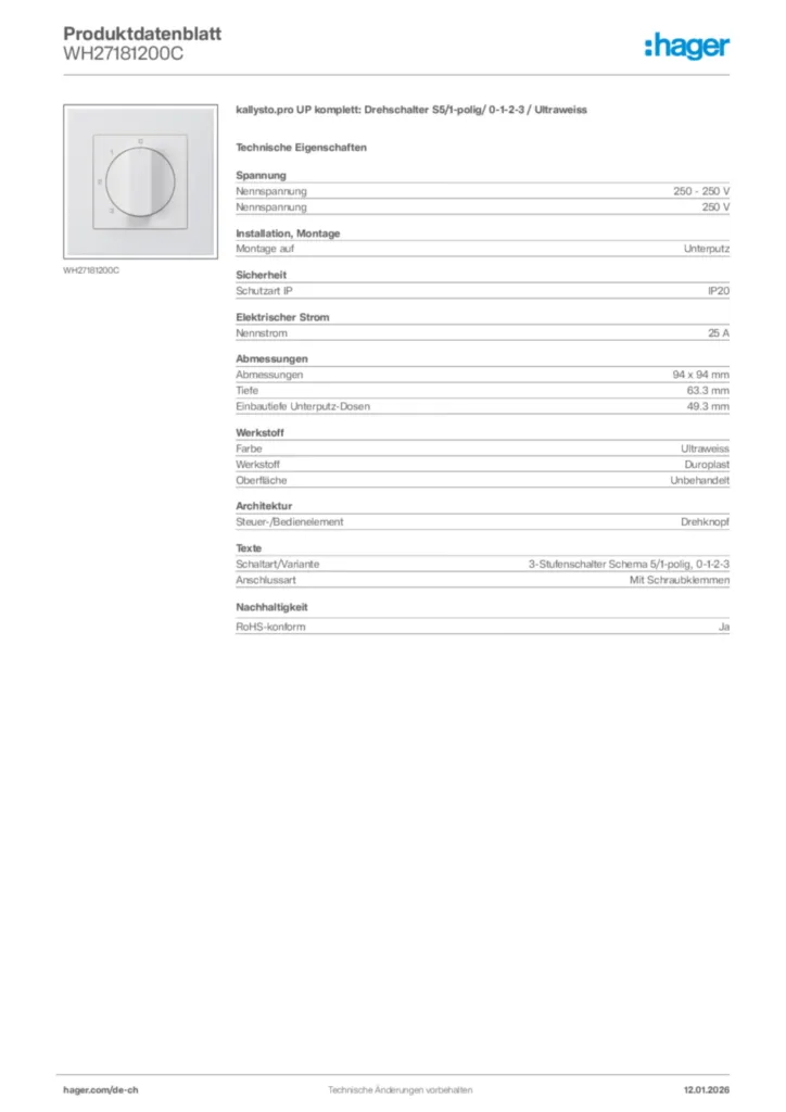 Bild Hager Produktdatenblatt WH27181200C | Hager Schweiz
