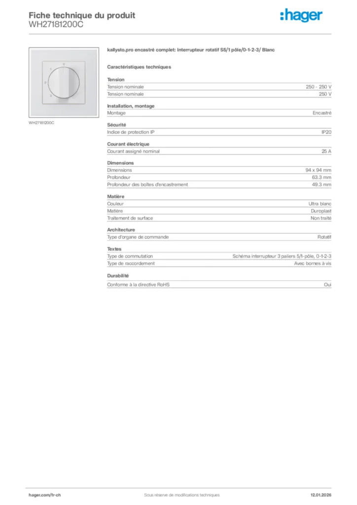 Image Hager Fiche technique du produit WH27181200C | Hager Suisse