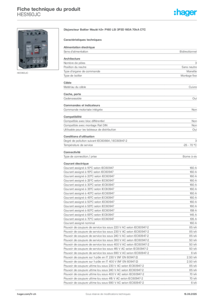 Image Hager Fiche technique du produit HES160JC | Hager Suisse