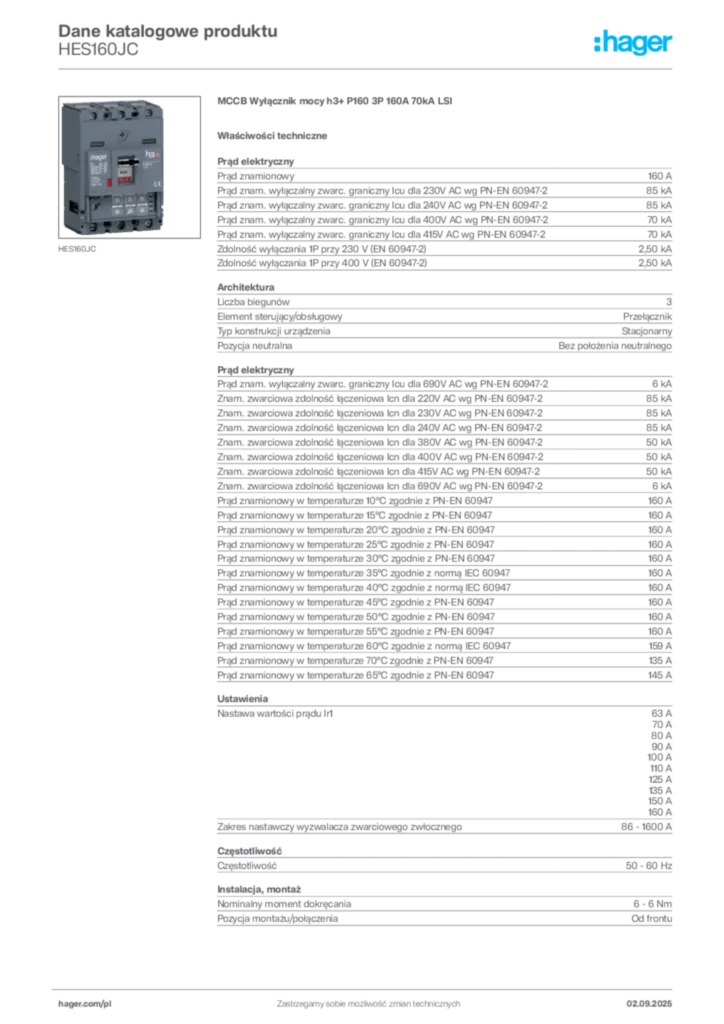 Zdjęcie Hager Karta katalogowa HES160JC | Hager Polska
