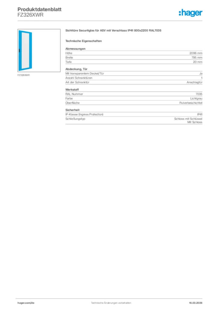 Bild Hager Produktdatenblatt FZ326XWR | Hager Deutschland