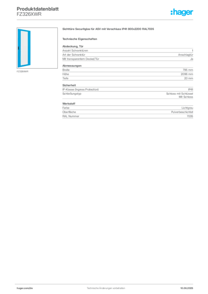 Bild Hager Produktdatenblatt FZ326XWR | Hager Deutschland