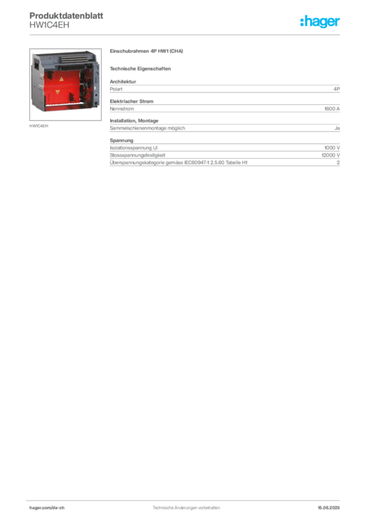 Bild Hager Produktdatenblatt HW1C4EH | Hager Schweiz