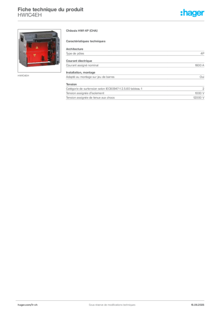 Image Hager Fiche technique du produit HW1C4EH | Hager Suisse