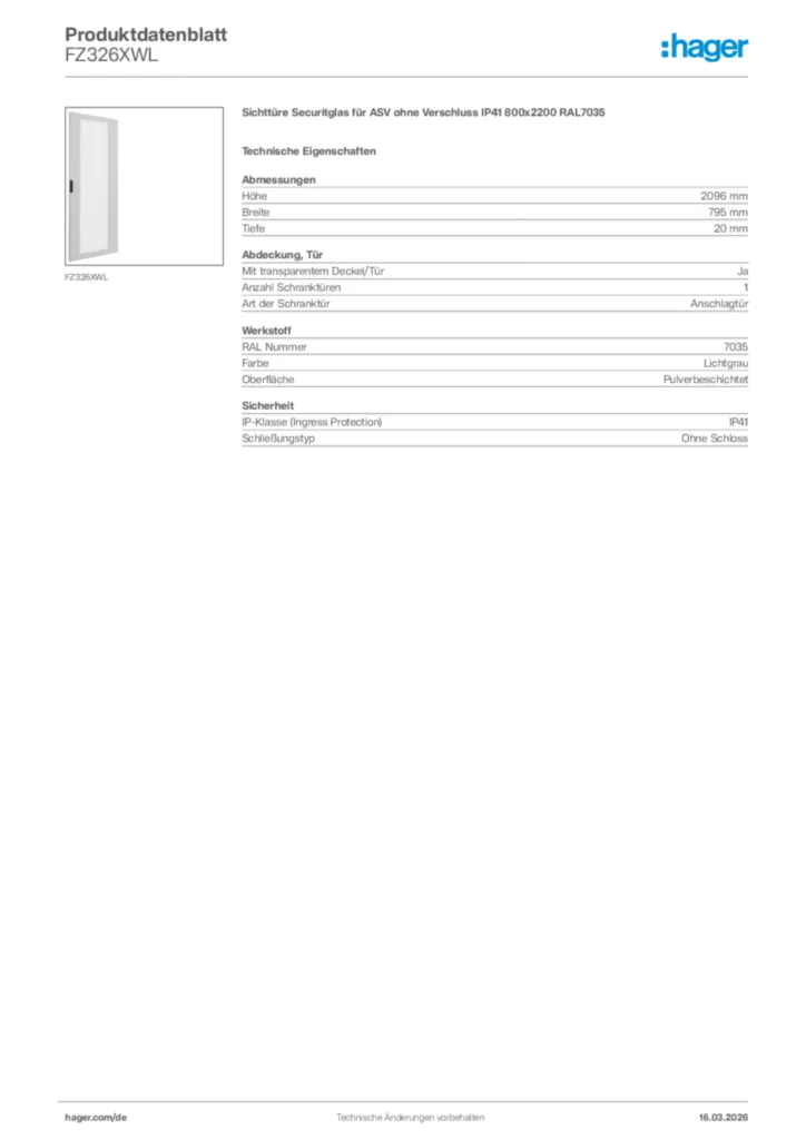 Bild Hager Produktdatenblatt FZ326XWL | Hager Deutschland