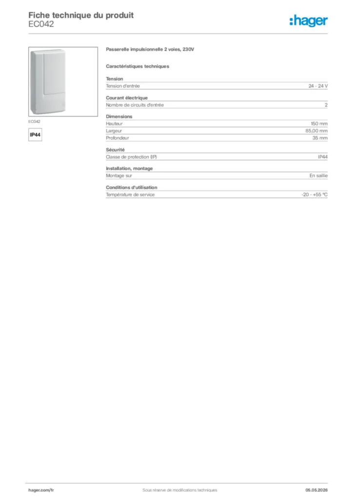 Image Hager Fiche technique du produit EC042 | Hager France