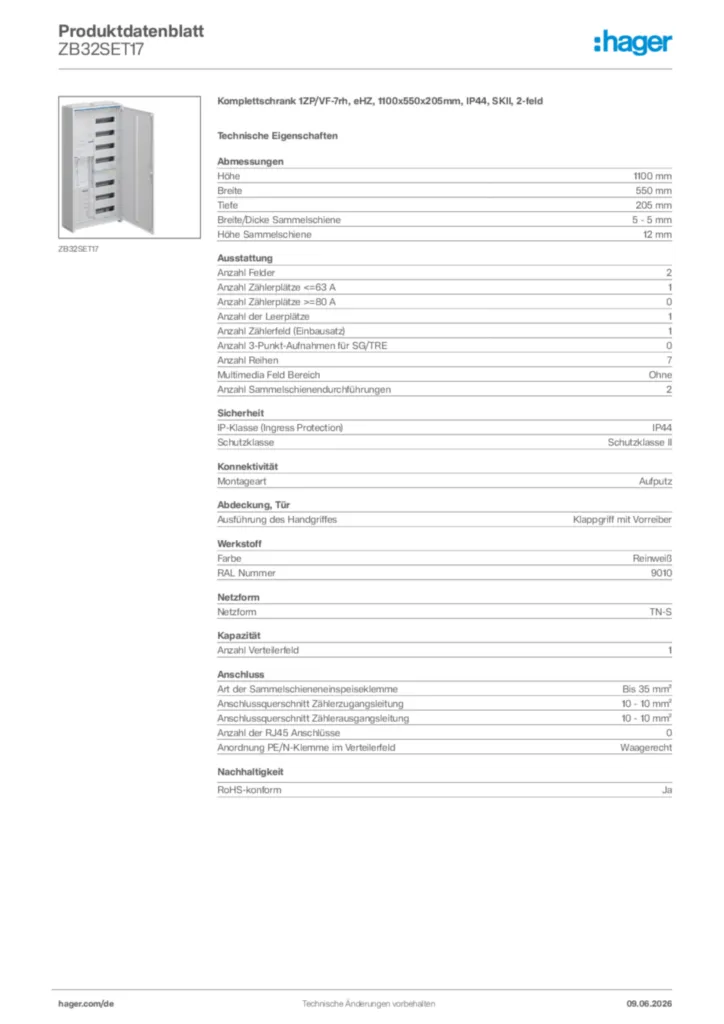 Bild Hager Produktdatenblatt ZB32SET17 | Hager Deutschland