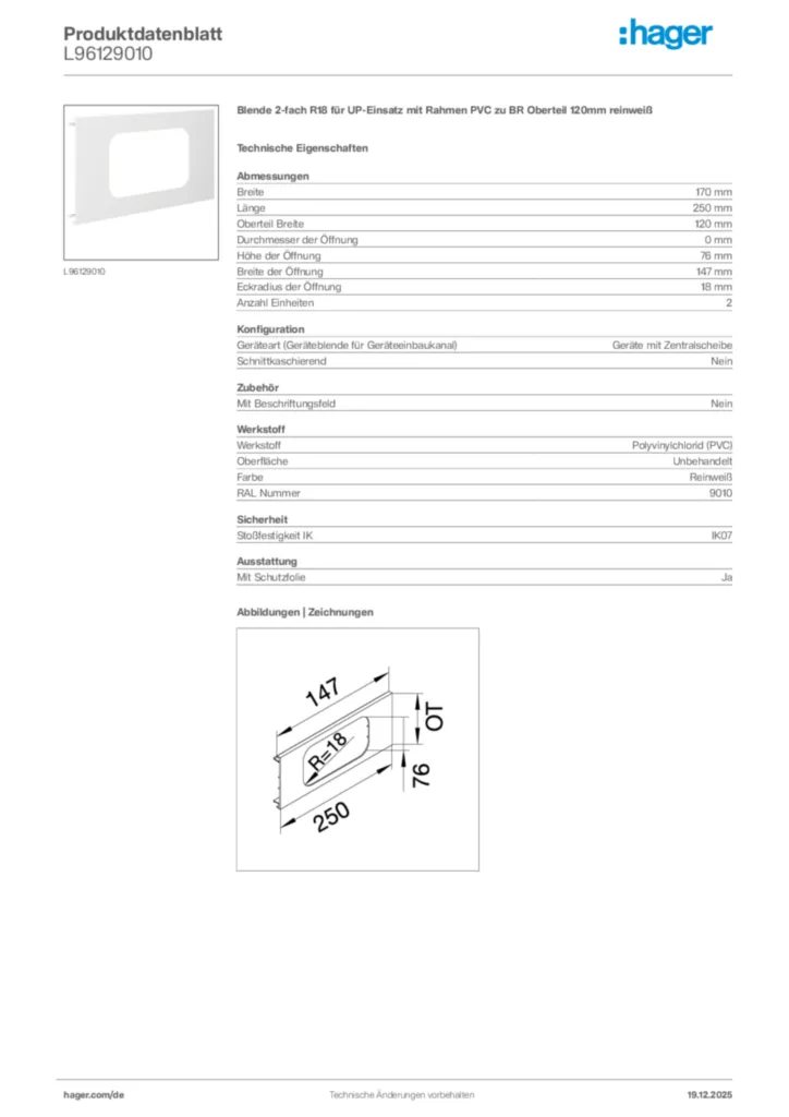 Bild Hager Produktdatenblatt L96129010 | Hager Deutschland