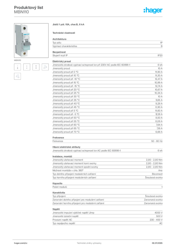 Obrázek Hager Produktový list MBN110 | Hager