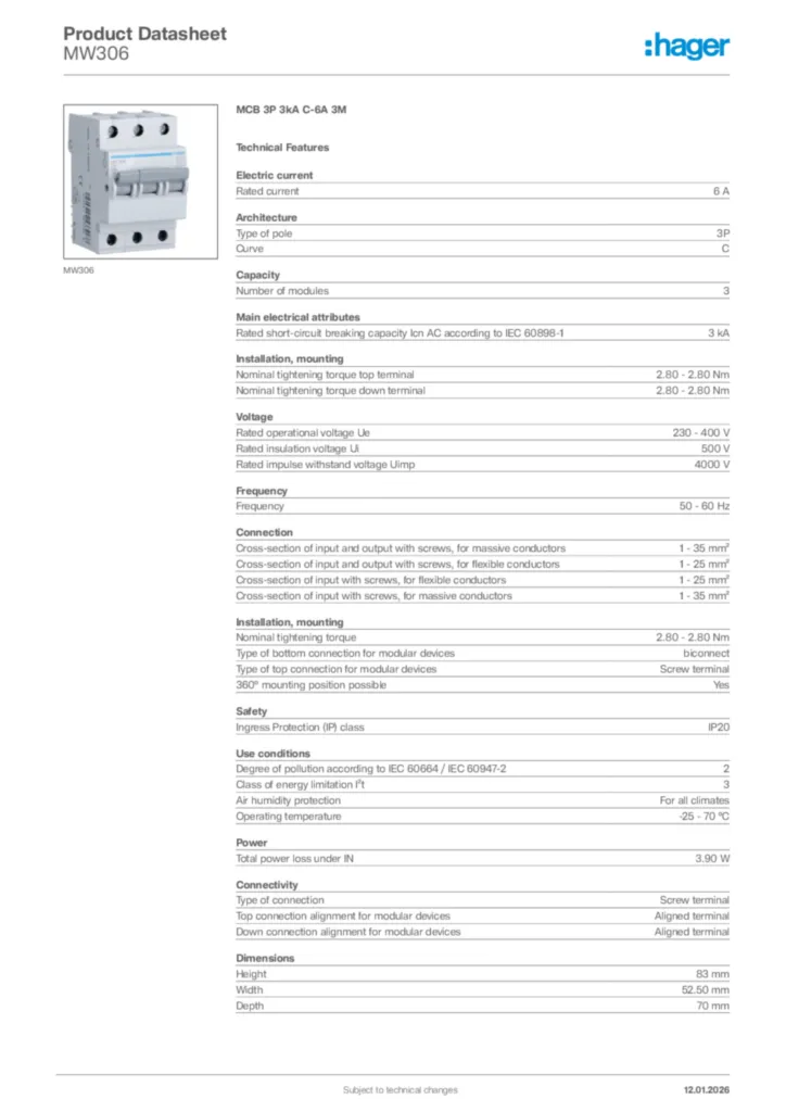 Image Hager Product data sheet MW306  | Hager Africa