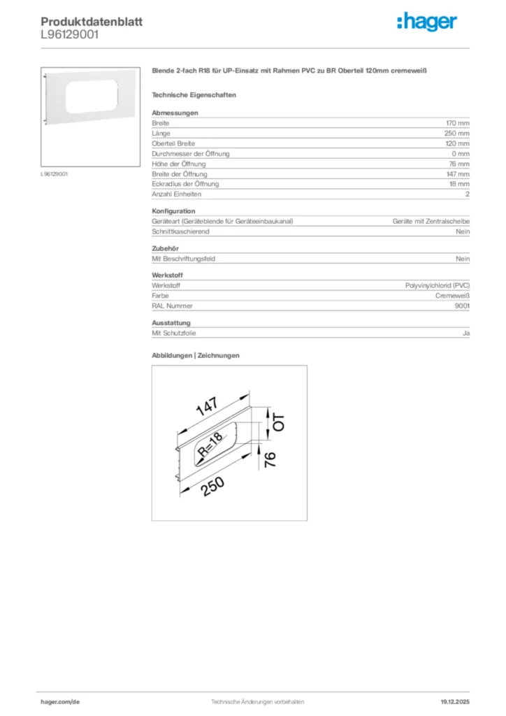 Bild Hager Produktdatenblatt L96129001 | Hager Deutschland