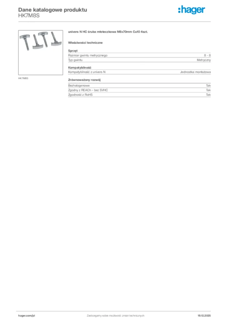 Zdjęcie Hager Karta katalogowa HK7M8S | Hager Polska