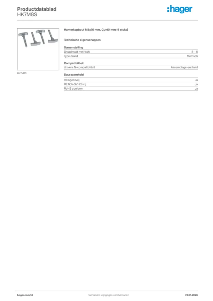 Afbeelding Hager Productdatablad HK7M8S | Hager Nederland