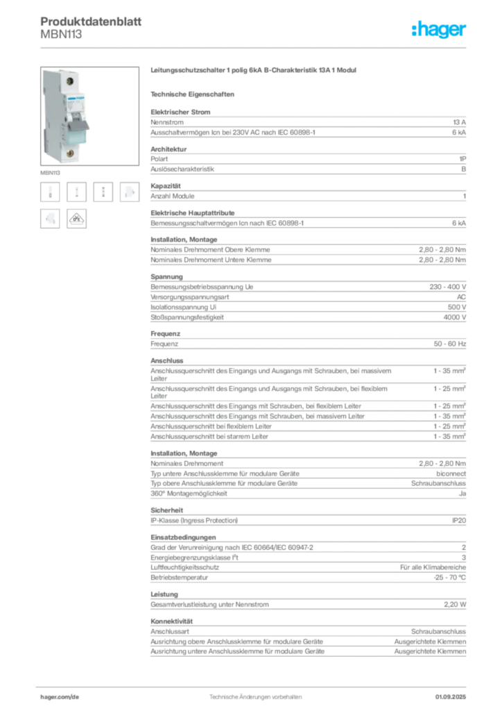 Hager Produktdatenblatt MBN113