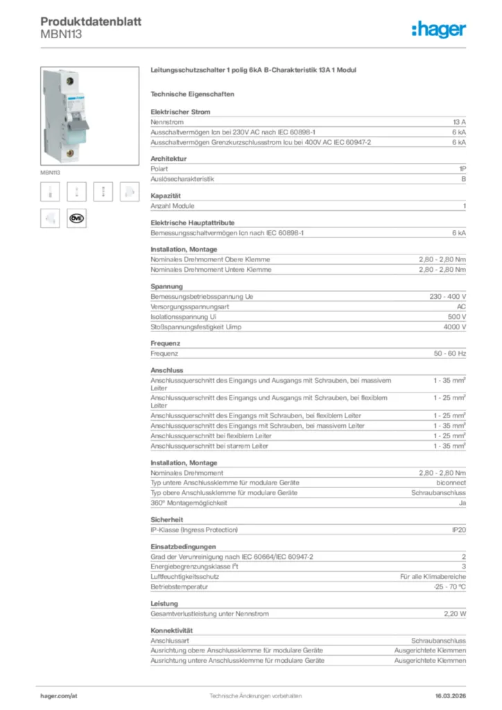Bild Hager Produktdatenblatt MBN113 | Hager Deutschland