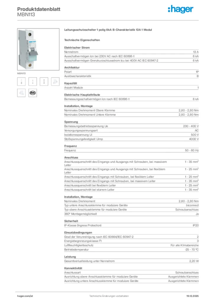 Bild Hager Produktdatenblatt MBN113 | Hager Deutschland