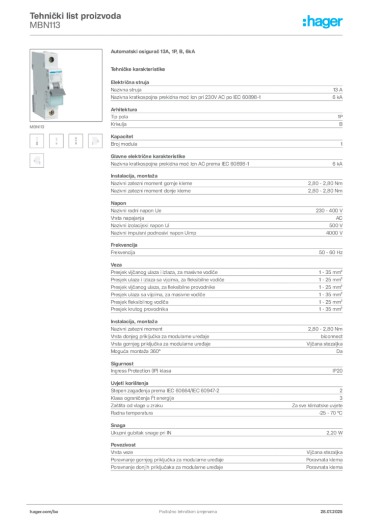 Slika Hager Product data sheet MBN113  | Hager