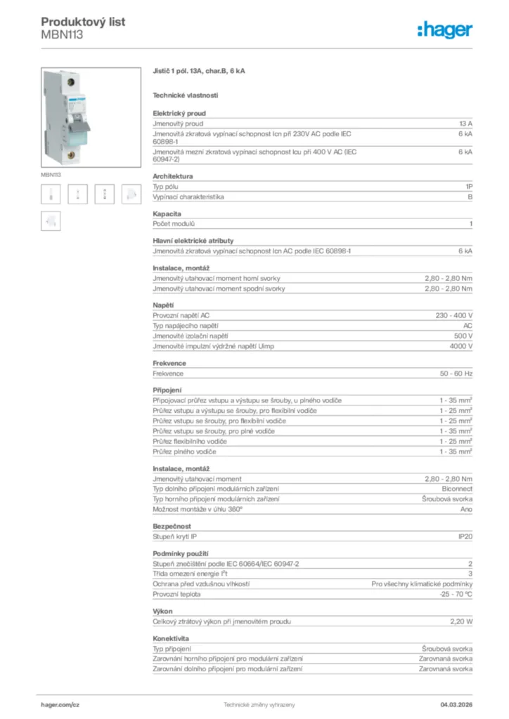 Obrázek Hager Product data sheet MBN113 | Hager