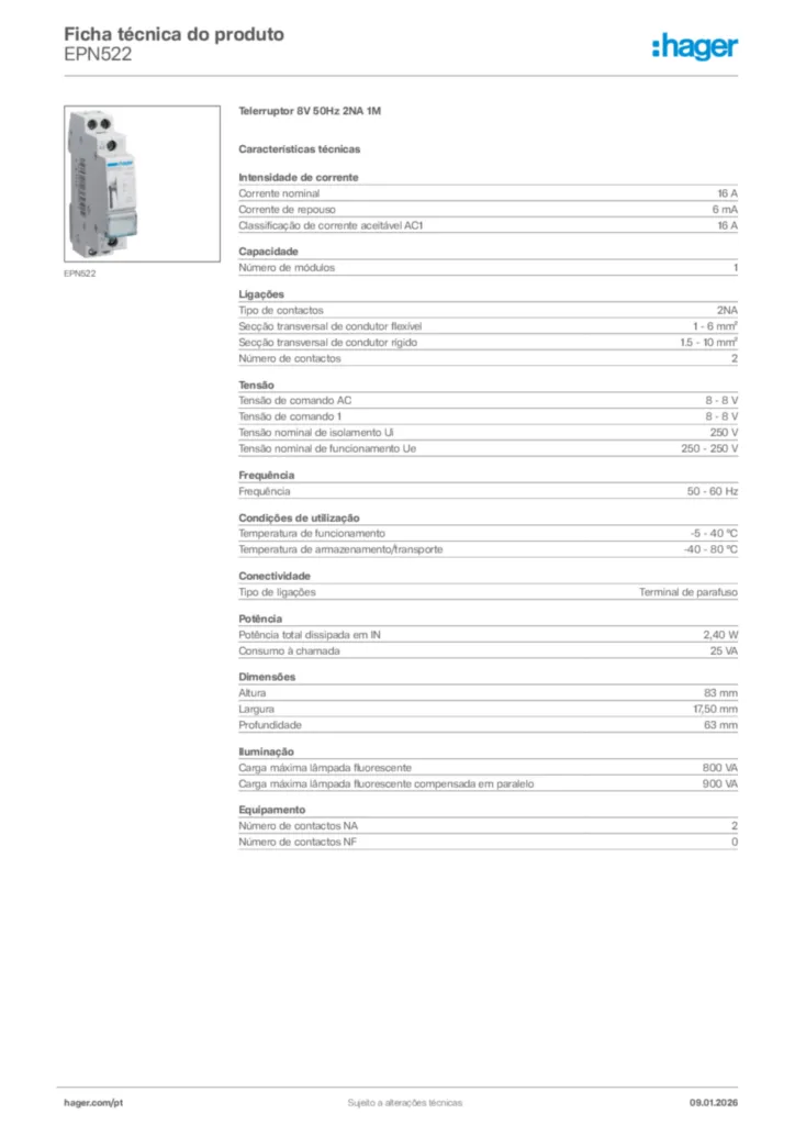 Imagem Hager Ficha técnica do produto EPN522 | Hager Portugal