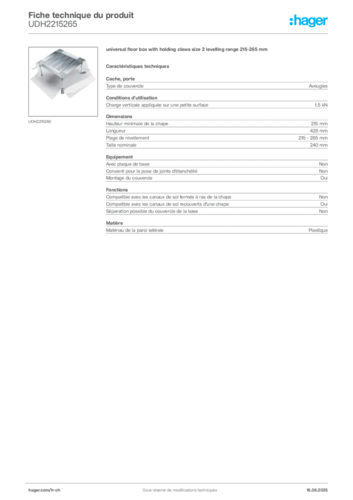 Image Hager Fiche technique du produit UDH2215265 | Hager Suisse
