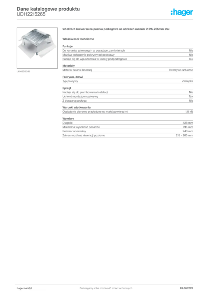 Zdjęcie Hager Karta katalogowa UDH2215265 | Hager Polska