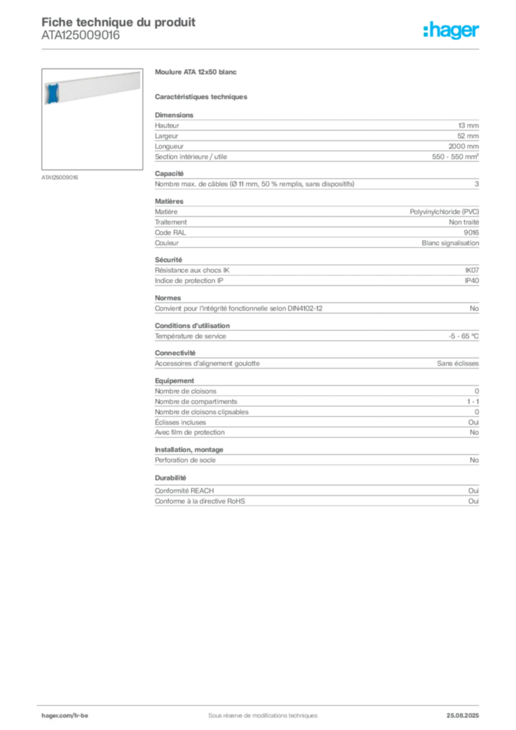 Image Hager Fiche technique du produit ATA125009016 | Hager Belgique