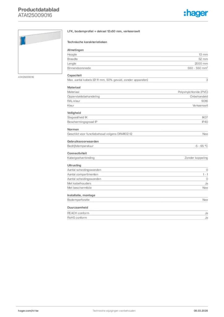 Afbeelding Hager Productdatablad ATA125009016 | Hager Belgium