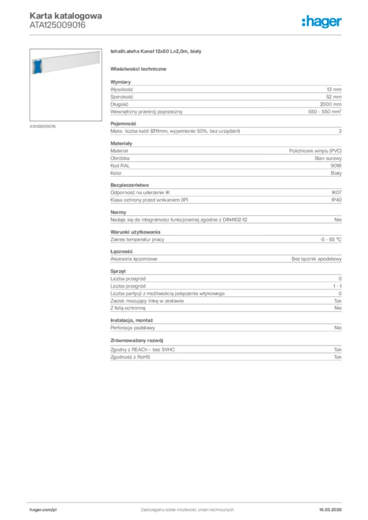 Zdjęcie Hager Karta katalogowa ATA125009016 | Hager Polska