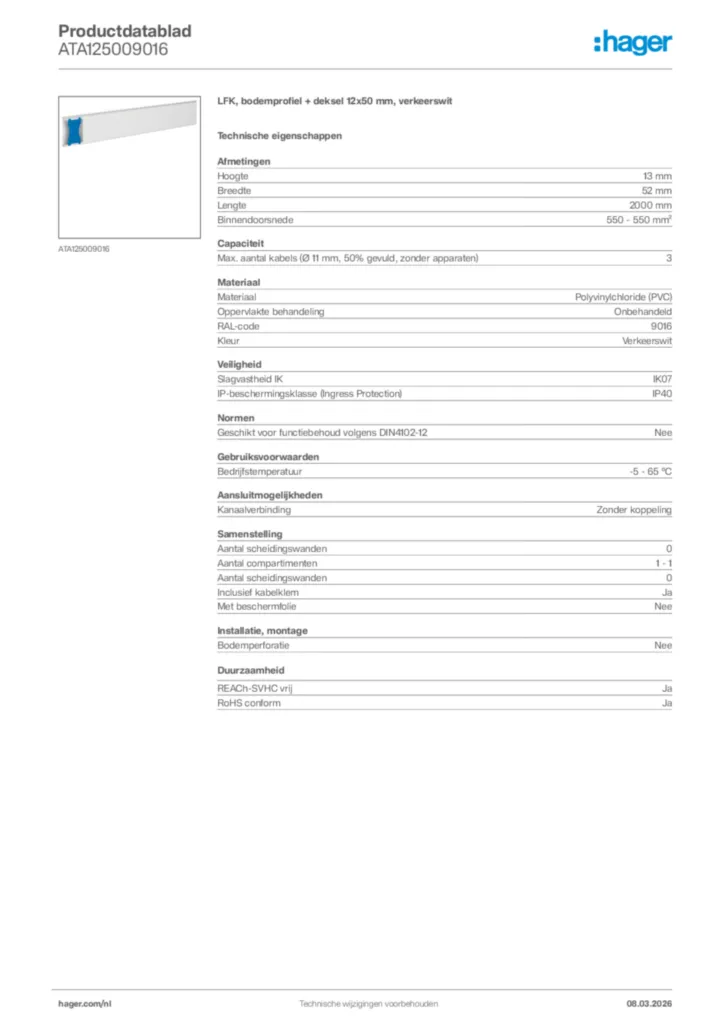 Afbeelding Hager Productdatablad ATA125009016 | Hager Nederland