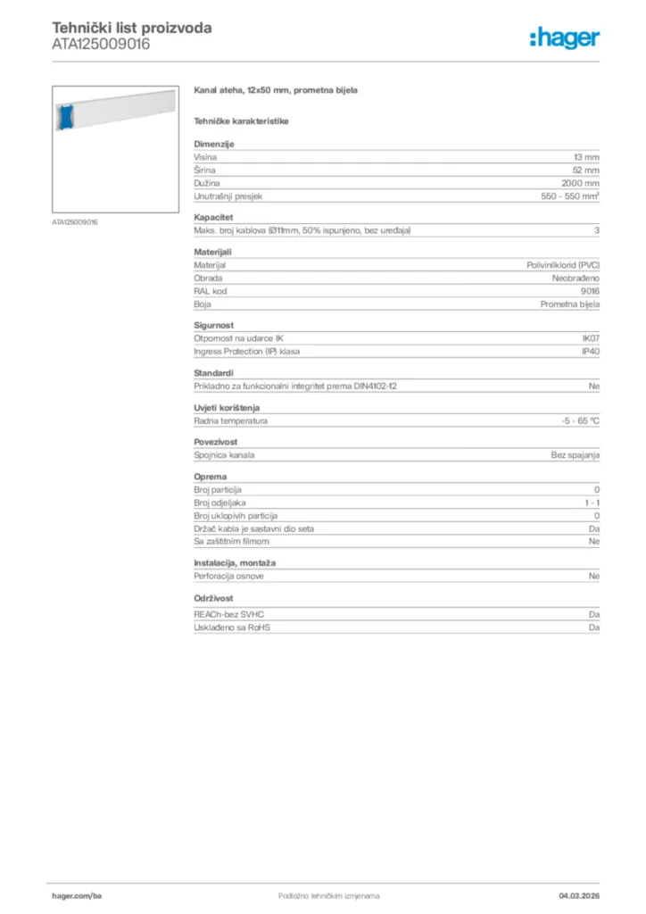 Slika Hager Tehnički list proizvoda ATA125009016  | Hager