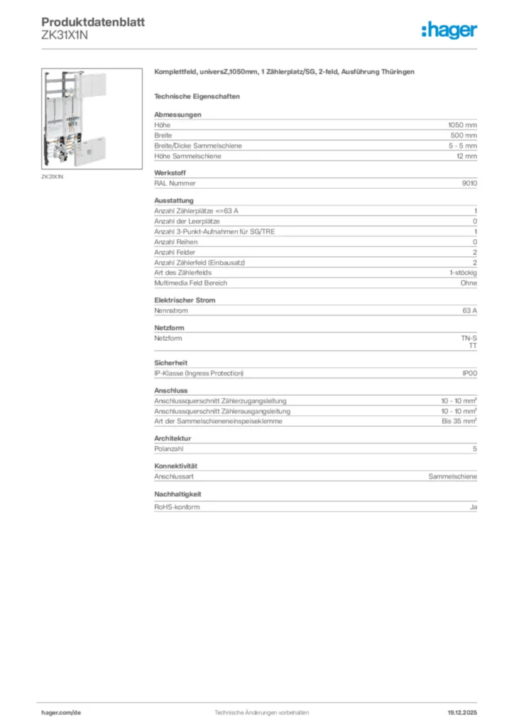 Bild Hager Produktdatenblatt ZK31X1N | Hager Deutschland