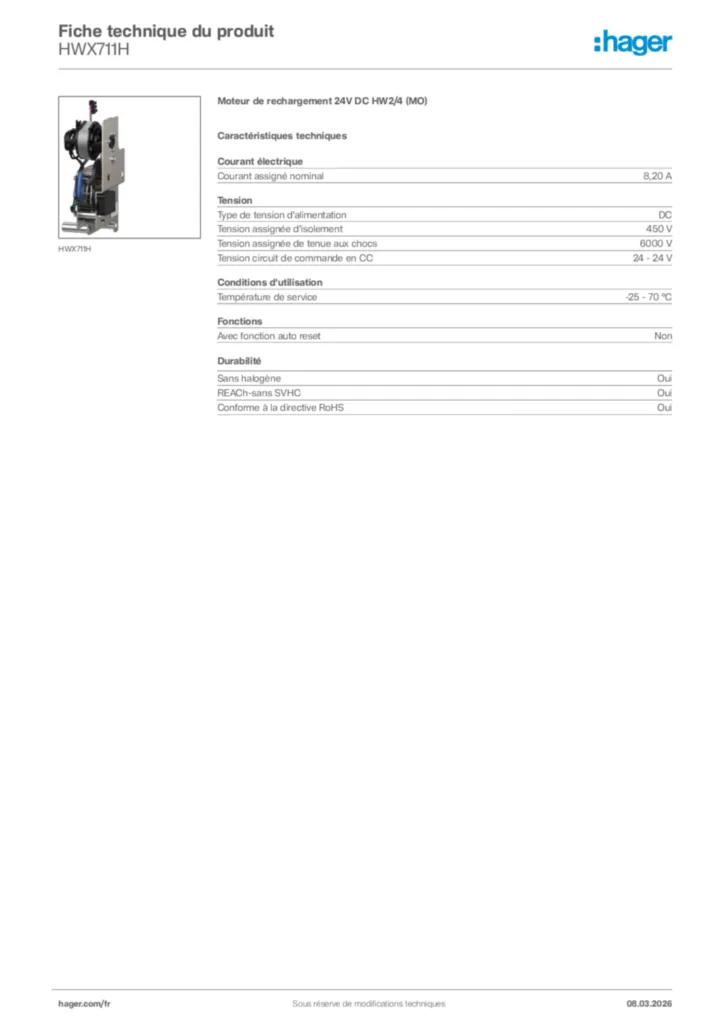 Image Hager Fiche technique du produit HWX711H | Hager France