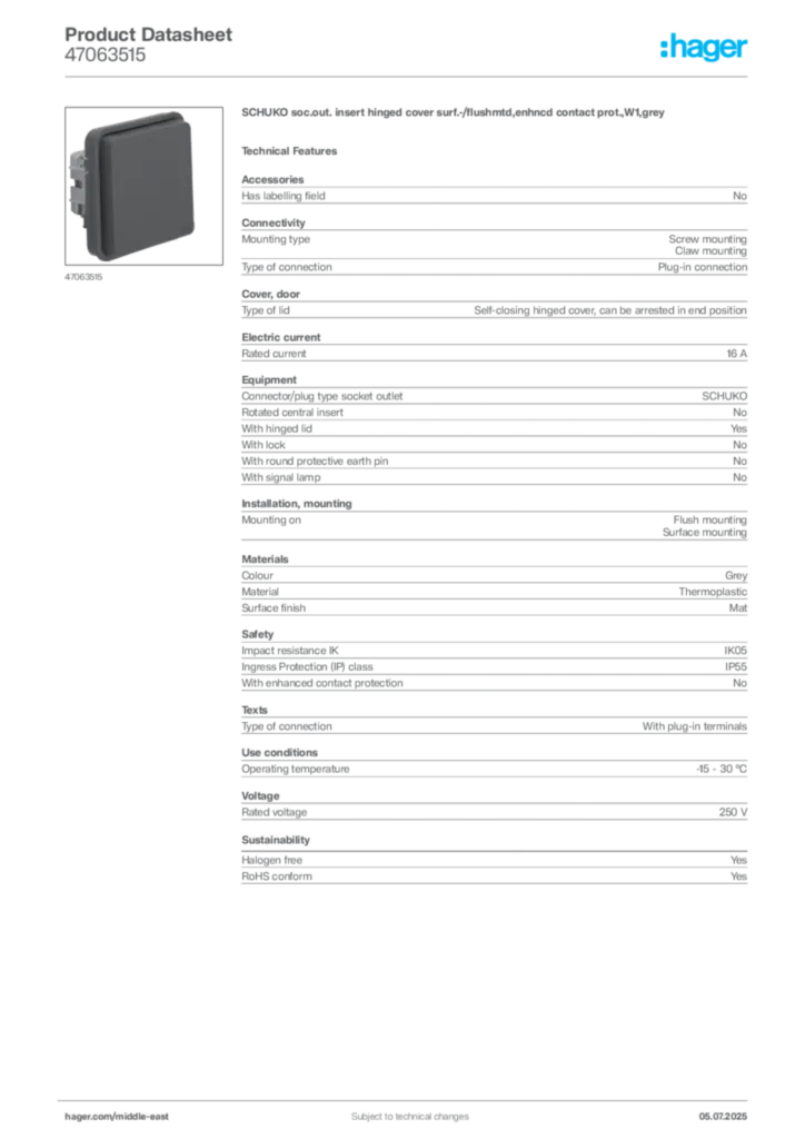 Image Hager Product data sheet 47063515  | Hager