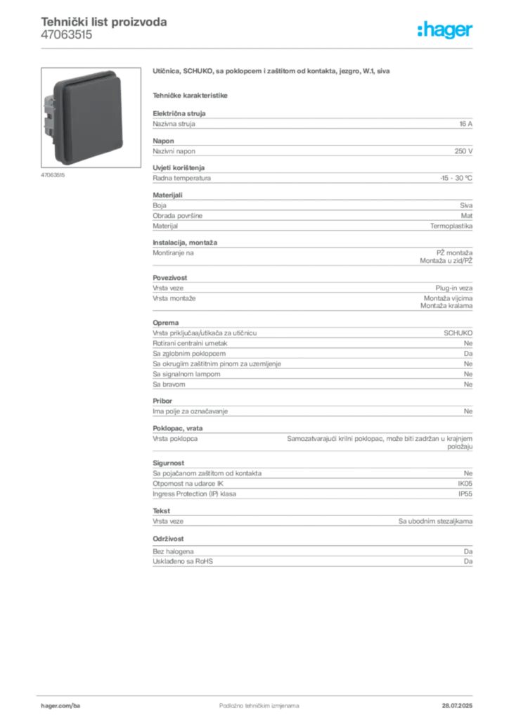 Slika Hager Product data sheet 47063515  | Hager