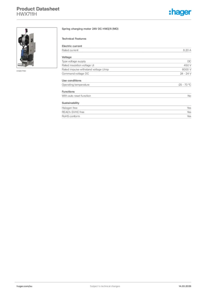Image Hager Product data sheet HWX711H  | Hager Australia