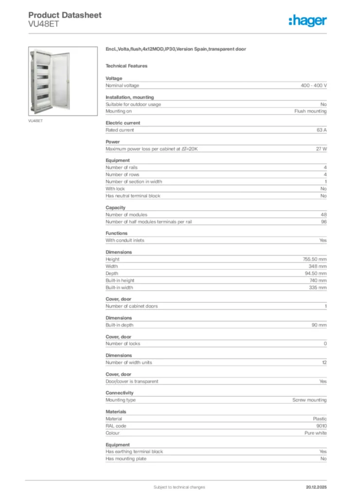 Image Hager Product data sheet VU48ET  | Hager Africa