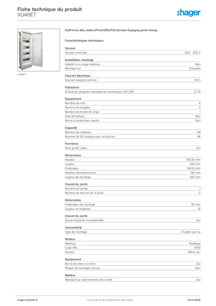 Image Hager Fiche technique du produit VU48ET | Hager Afrique