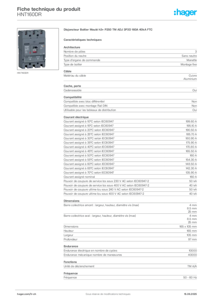 Image Hager Fiche technique du produit HNT160DR | Hager Suisse