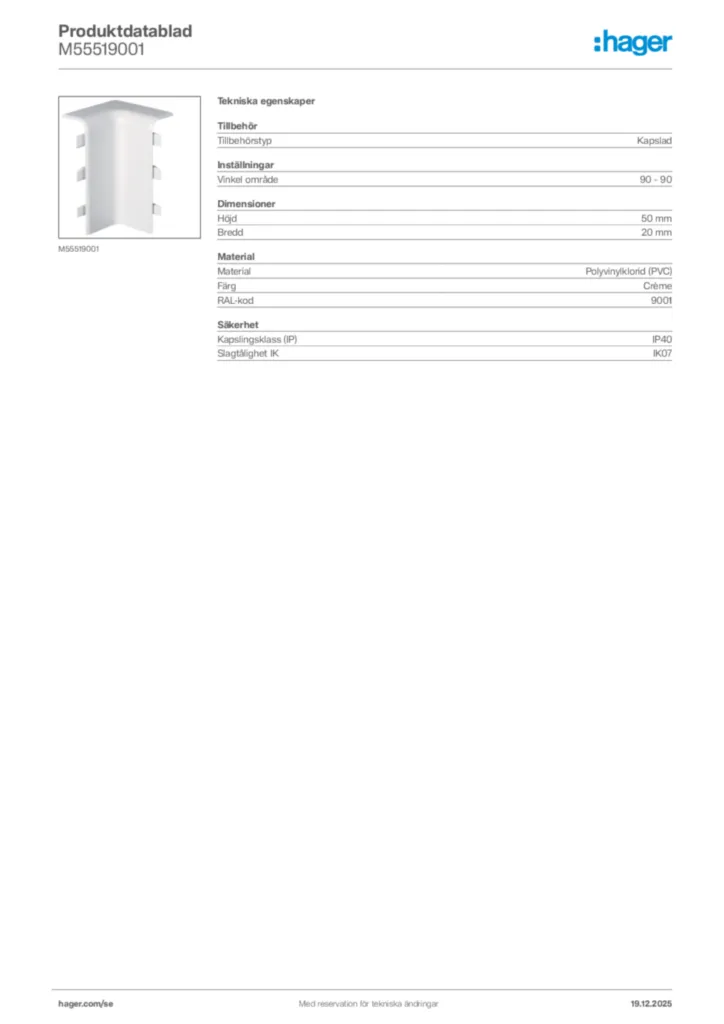 Bild Hager Produktdatablad M55519001 | Hager Sverige