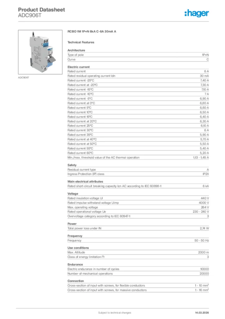 Image Hager Product data sheet ADC906T  | Hager