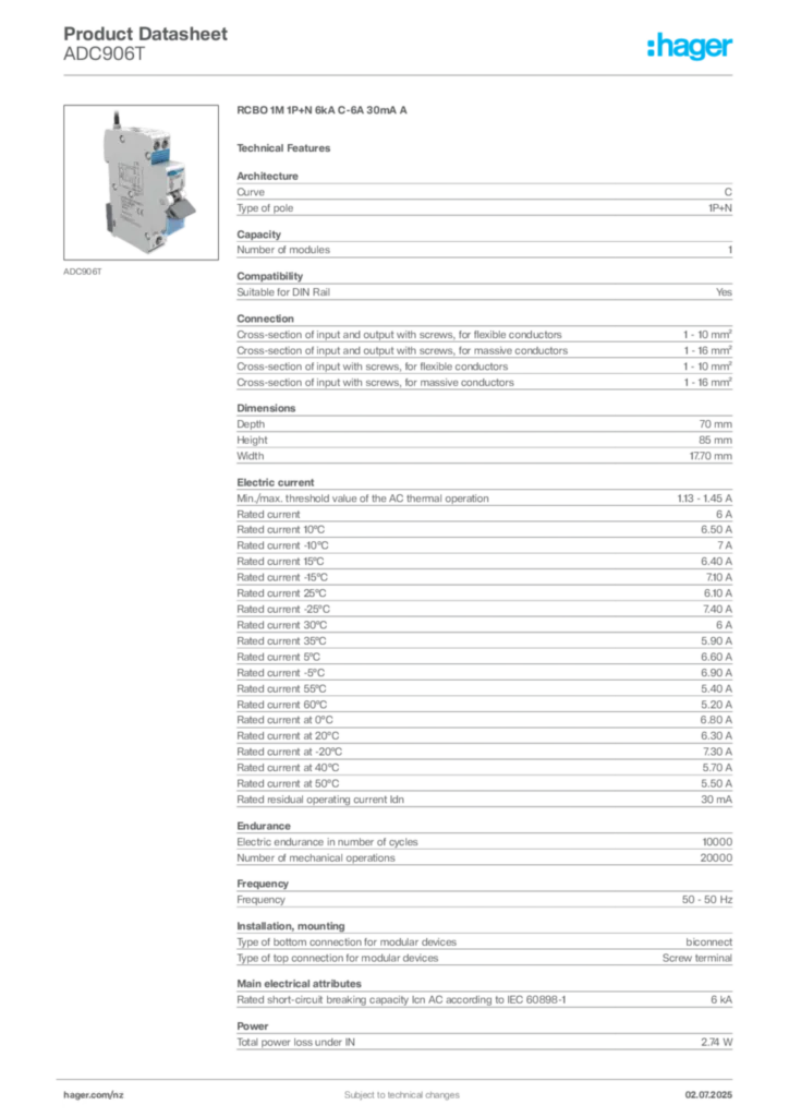 Image Hager Product data sheet ADC906T  | Hager New Zealand