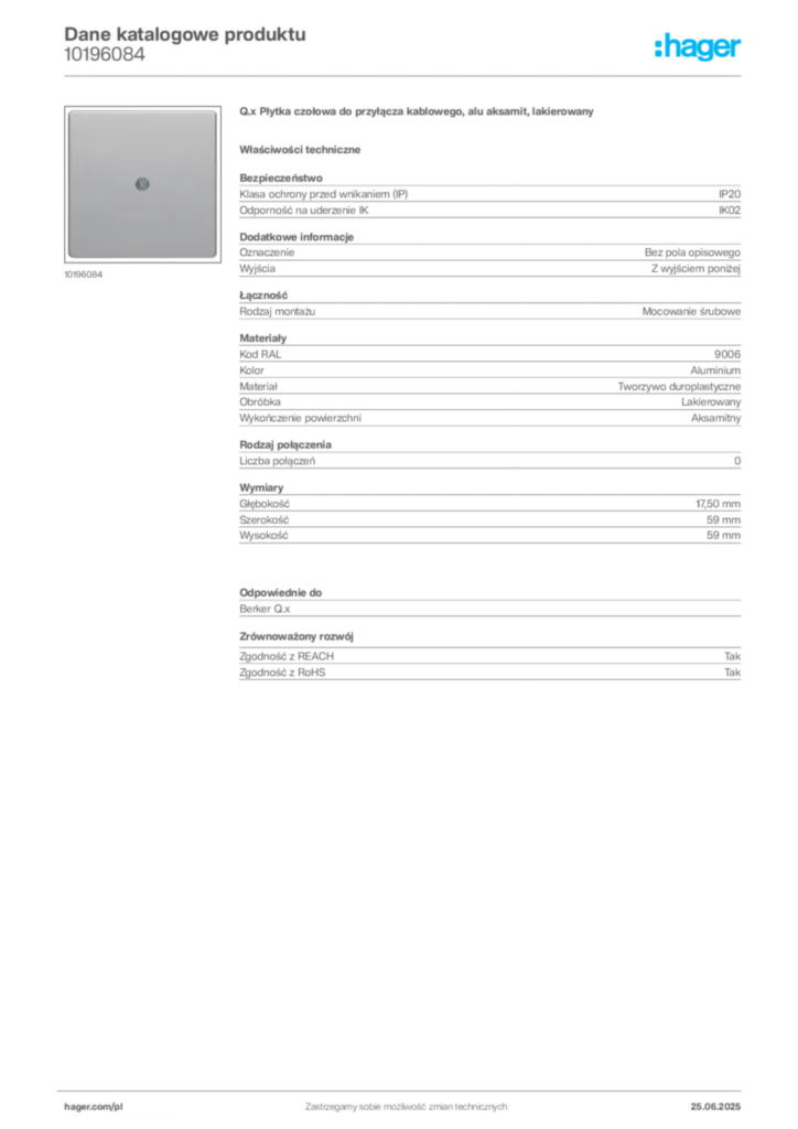 Zdjęcie Hager Karta katalogowa 10196084 | Hager Polska