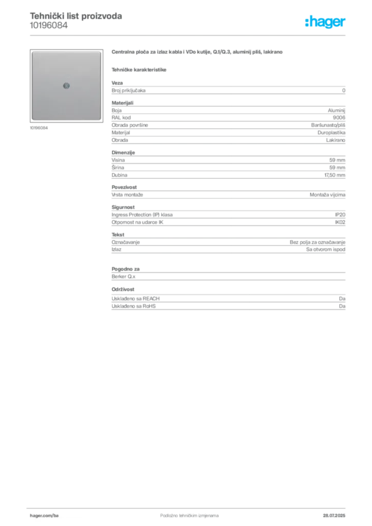 Slika Hager Product data sheet 10196084  | Hager