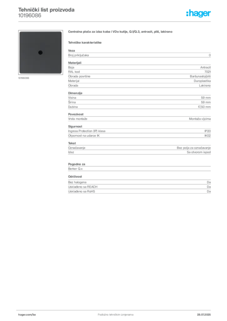 Slika Hager Product data sheet 10196086  | Hager